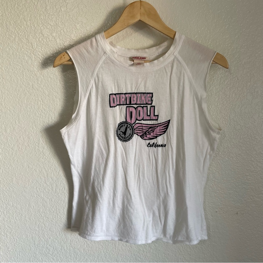 Y2K Guess Jeans Dirtbike Doll California White Cut Off Tee Tank Top Size Large